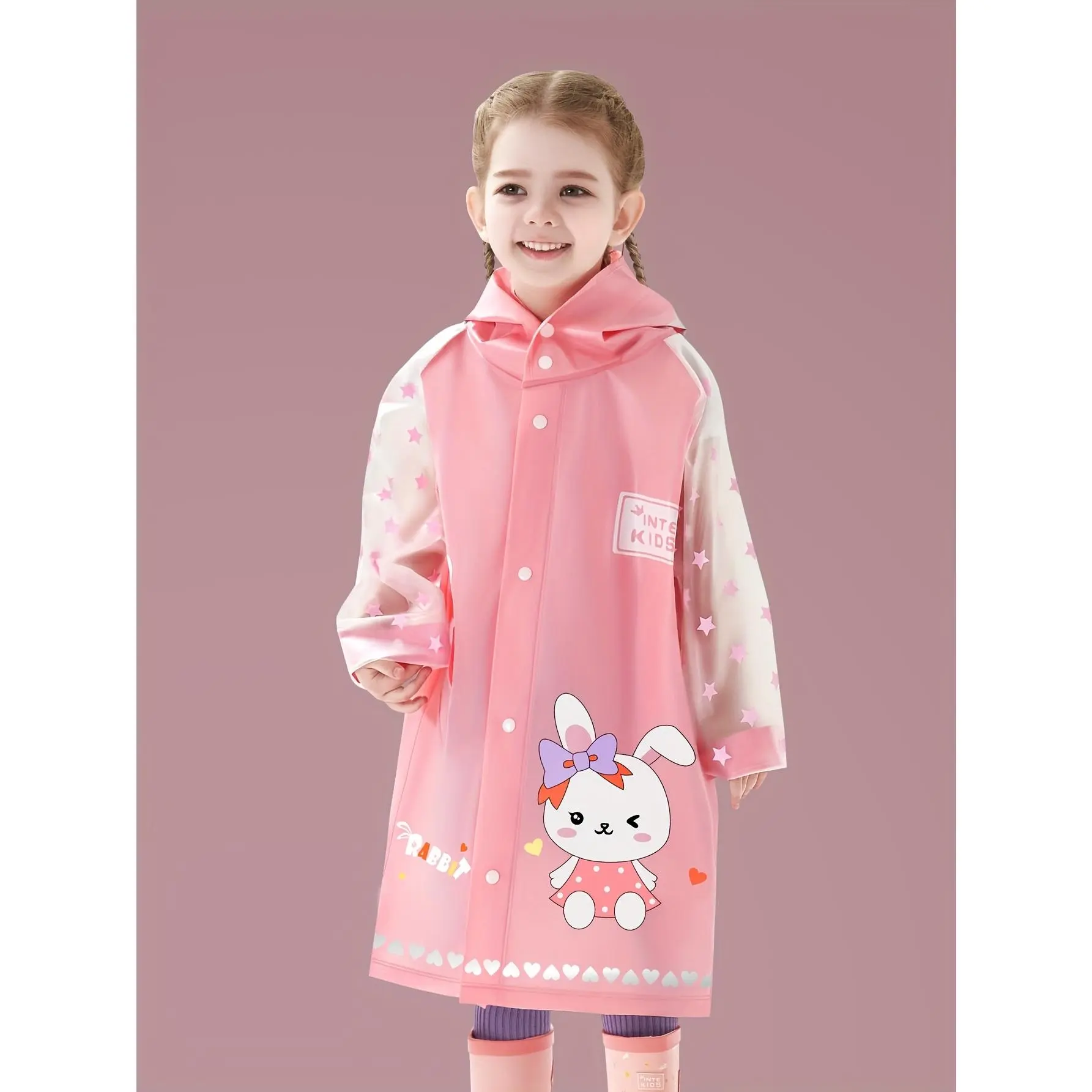 Intekids Cute High Neck Raincoat for Kids |   EVA Material, Cartoon Pattern, Four Seasons Wearable, Pocket Detail, Casual And Outdoor Activities, Backpack Compatible, 1pc