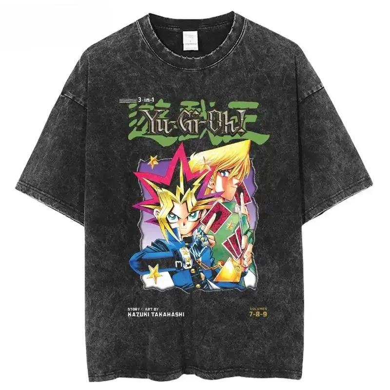 Men's Unisex Yu-Gi-Oh Graphic T-Shirt - Oversized Heavy Cotton Short-Sleeve, Green Kanji Logo, Millennium Puzzle Front, Acid Wash, Harajuku Casual Streetwear, Round Neck, Jeans-Friendly Medium Fit Apparel