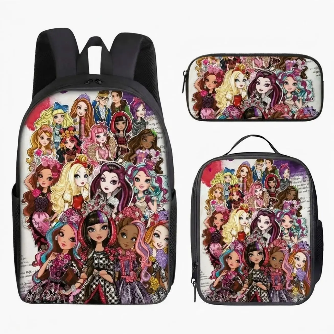 All Fairytale Princess Squad Student Backpack Set | 3Pcs Schoolbag Insulated Lunch Bag Pencil Case | Back to School Gift for Girls