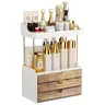 7CODE 2-Tier 3-Drawer Bathroom Cosmetics Storage Cabinet with Amber Racks - Divided Compartments, Beauty Supplies Organizer, Vanity Holder for 2tier Quick Access, 3 Drawers for More, Amber Elegance