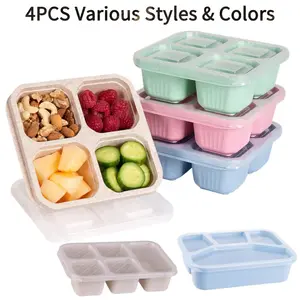 4 Pack Reusable 4/5 Compartment Bento Lunch Box, Leakproof Divided Food Container with Lid, Sauce Box & Cutlery, Stackable Food Grade Eco Lunchbox for Meal Prep, School, Work, Travel, Picnic, Adults Kids Toddlers