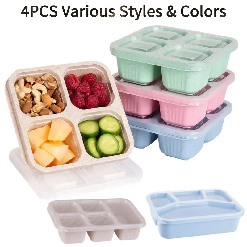 4 Pack Reusable 4/5 Compartment Bento Boxes, Leakproof Divided Containers for Food with Lid, Sauce Box & Cutlery, Stackable Food Grade Eco Lunchbox for Meal Prep, School, Work, Travel, Picnic, Adults Kids Toddlers.