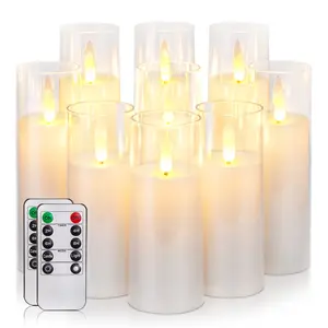 Pure White Acrylic Flameless LED Candles, Battery Operated With Remote Control and Timer, Electric Fake Candles for Wedding, Home Decor, Set of 9, D2.2 xH 5" 6" 7"