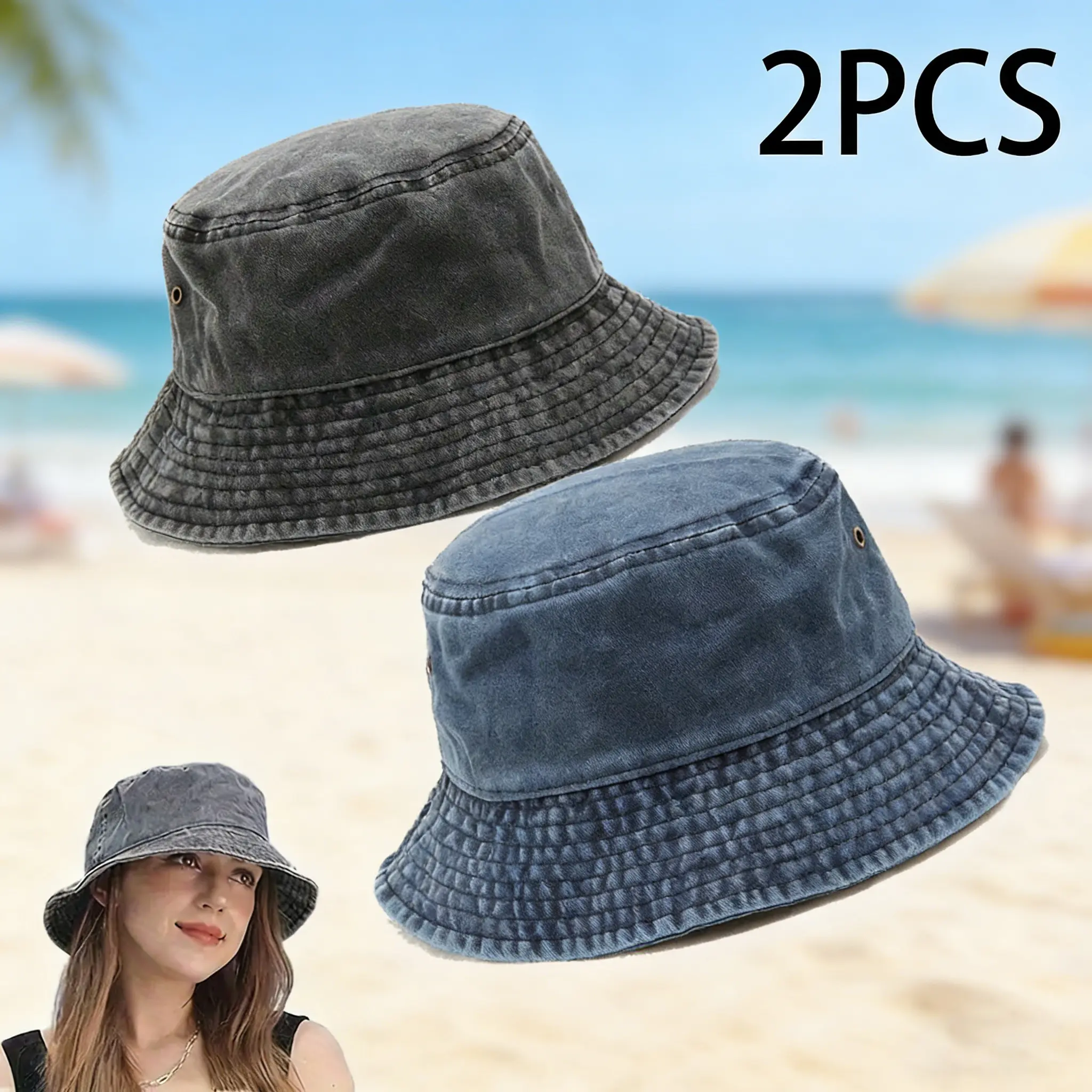 2pc unisex retro washed bucket hat, simple and stylish, versatile, foldable bucket hat, fashionable bucket hat.
