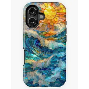 Glittercutie Whimsical Ocean Waves at Sunset Stained Glass Mosaic Phone Cases Phone Cover Hard Case Tough 2-piece Magnetic Phone Case,for iPhone 17 16 15 14 13 12 11 Pro Max Plus & Samsung Galaxy S26 S25 S24 S23 S22 Ultra