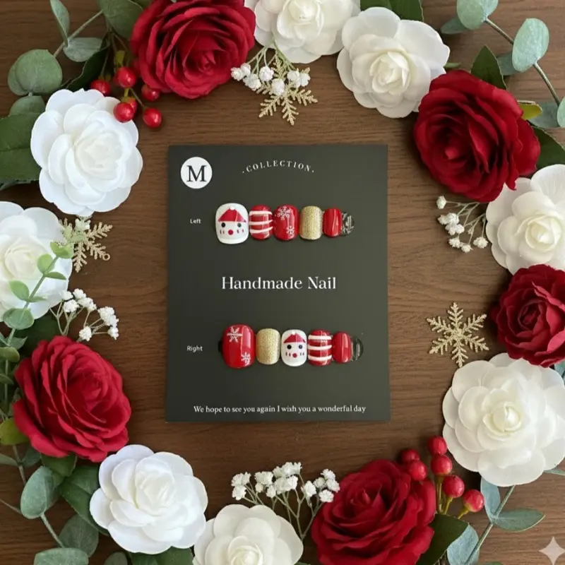 Santa & Snowflake Red Press-On Toe Nail Set | Handmade Holiday Gold Glitter Pedicure – Medium Size