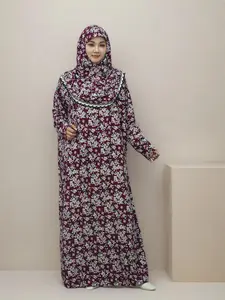 Middle Eastern Style Women's Wine Floral Hooded Abaya, Modest Islamic Kaftan, Muslim Lace Trim Hooded Dress, Ideal for Daily Wear & Festivals