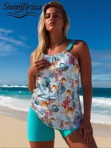 Briza｜Tankini With Shorts In Aqua Seashell Starfish Print, Tankini Swimsuits Set And Tankini Swimsuit For Women, Two-Piece Swimsuit, Bathing Suits For Women As A Bathing Suit Women Set With Swim Shorts Set Women, Vacation Swimwear For Women