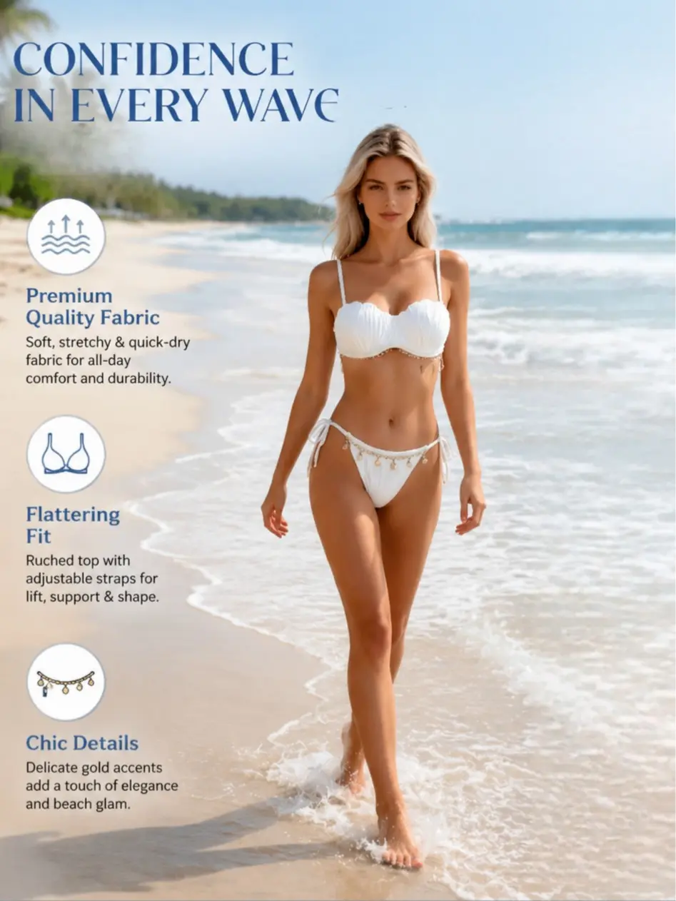 Women's Romantic Scalloped Ribbed Bikini Set with Shell Charms, Cheeky Side Tie Bottoms - Lightweight and Flexible for Summer, No, Stretchable, Side Ties, Girly Finds, Texture Variant
