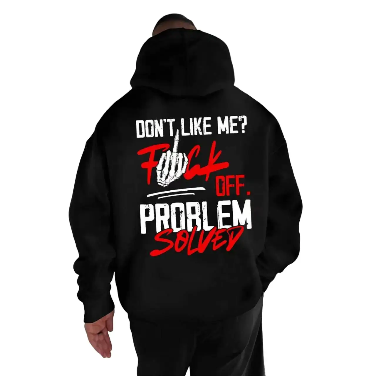 Men's Casual Long Sleeve Pullover Hoodie - Black with Bold "Don't Like Me? F Off. Problem Solved" Text Design, Menswear Sweatshirt, Sweatshirts, Tops, Lightweight, Fitted, Longsleeves, Graphic Finger