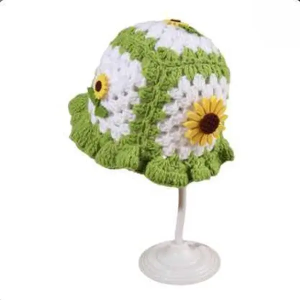Women’s Crochet Sunflower Hat with 3D Flower Embellishment, Boho Hollow Out Knit Bucket Style Hat, Solid Color Handmade Look Floral Summer Hat for Women, Lightweight Acrylic Woven Fashion Accessory for Spring Summer Fall Winter Casual Outdoor Travel Beach