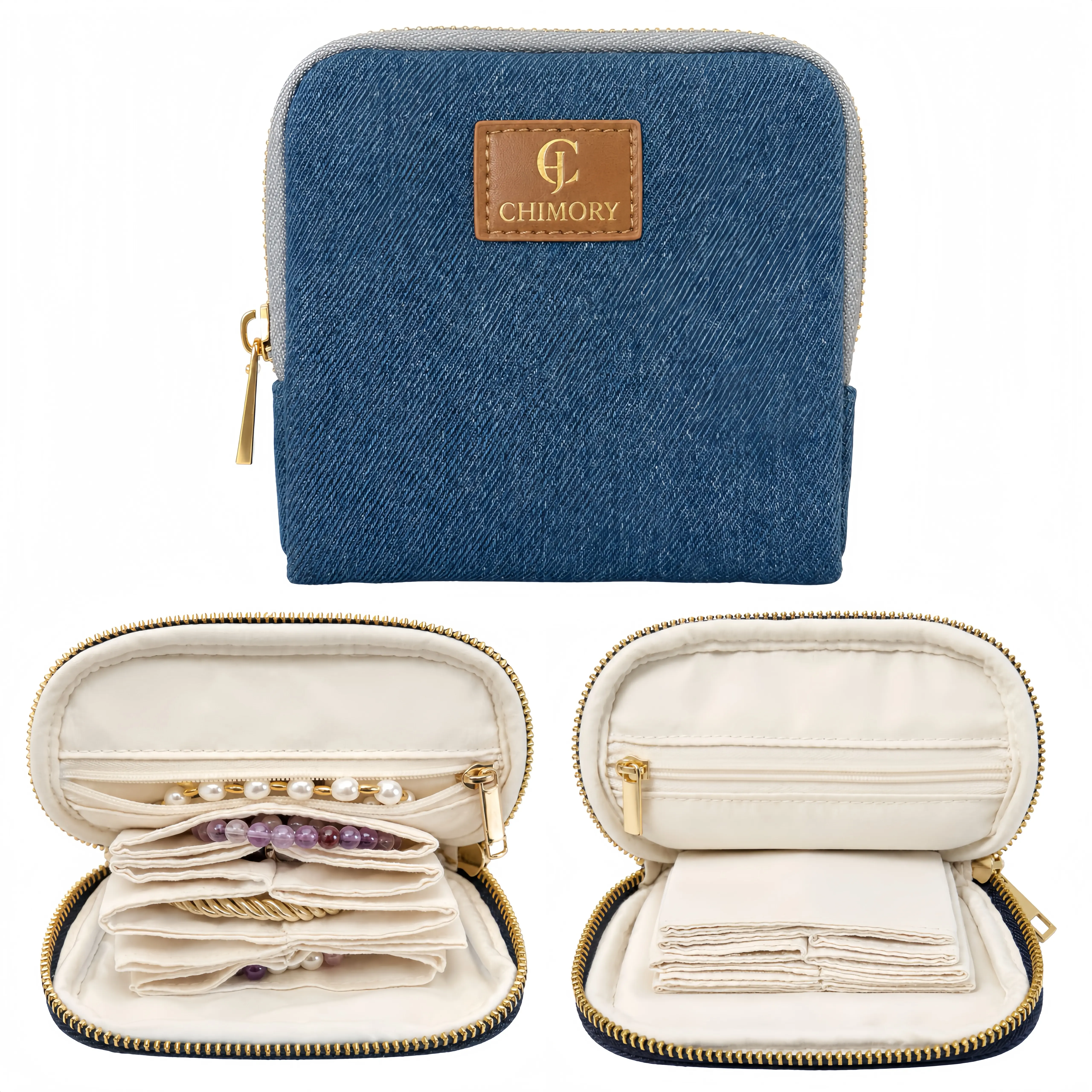 Denim Travel Jewelry Organizer for Women, Accordion Travel Jewelry Case with 6 Cotton Layers for Crystal Bracelets & Necklaces, Anti-Tangle Storage with Zipper Pocket for Rings & Earrings