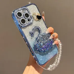 Luxury Glitter Swan Stand Design Case with Crystal Chain, Shockproof Protection for iPhone 17pro Max 16pro 15 14 13 12