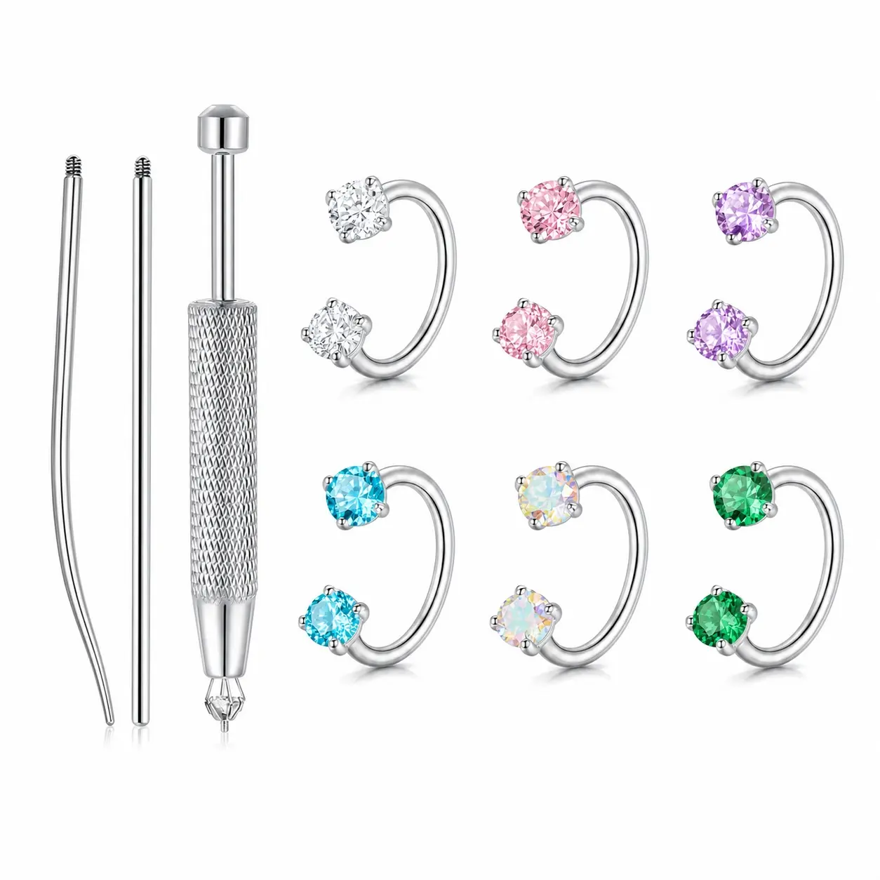 Unisex 6-Pack Double Cubic Zirconia Horseshoe Nose Rings Studs - Internally Threaded Nose Piercing Jewelry, Free Auxiliary Tool Ball Holder, Fit for Septum/Helix Piercings, Fashion Gift Set