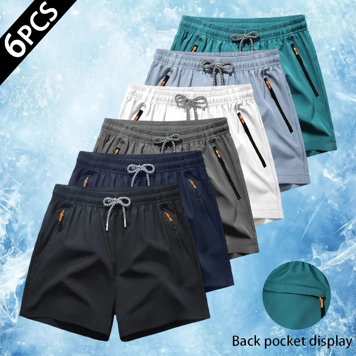 Men's 6-Piece Plain Fitted Above-Knee Casual Athletic Shorts Multi-Set Pack - Front & Back Zipper Pockets, Neutral Colors, Outdoor Gym Use, Summer Ready, Tight Fit