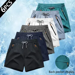 Men's 6-Piece Solid Plain Casual Sports Shorts Multi-Set Pack - Fitted Cut, Knee Above, Front & Back Practical Zipper Pockets, Outdoor Ready for Gym & Summer Outdoor Activities