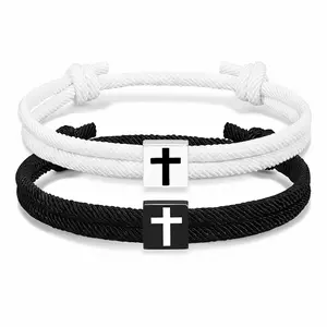 Modaloop 2pcs Adjustable Rope Cross Bracelet Braided Christian Bracelet for Men Women Teen Girls Fashion Jesus Bracelets Christian Baptism Gift Couple Bracelets with Gift Box