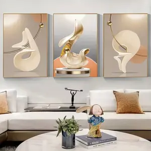 3 Pieces Optional Wooden Frame Modern Abstract Design Nordic Abstract Beige Geometric Canvas Painting Luxury Wall Art Wall Poster HD Print Picture For Living Room Home Decor Room Decor Accessories Elegant Home Painting For Living Room