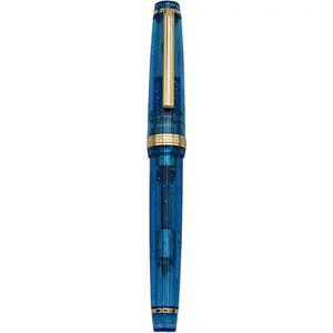 Fountain Pen - Acrylic Material Pen Barrel, Iridium Medium Nib with Ink Converter Smooth Writing Classic Design Transparent Fluorescent Blue (Gold Trim, M)