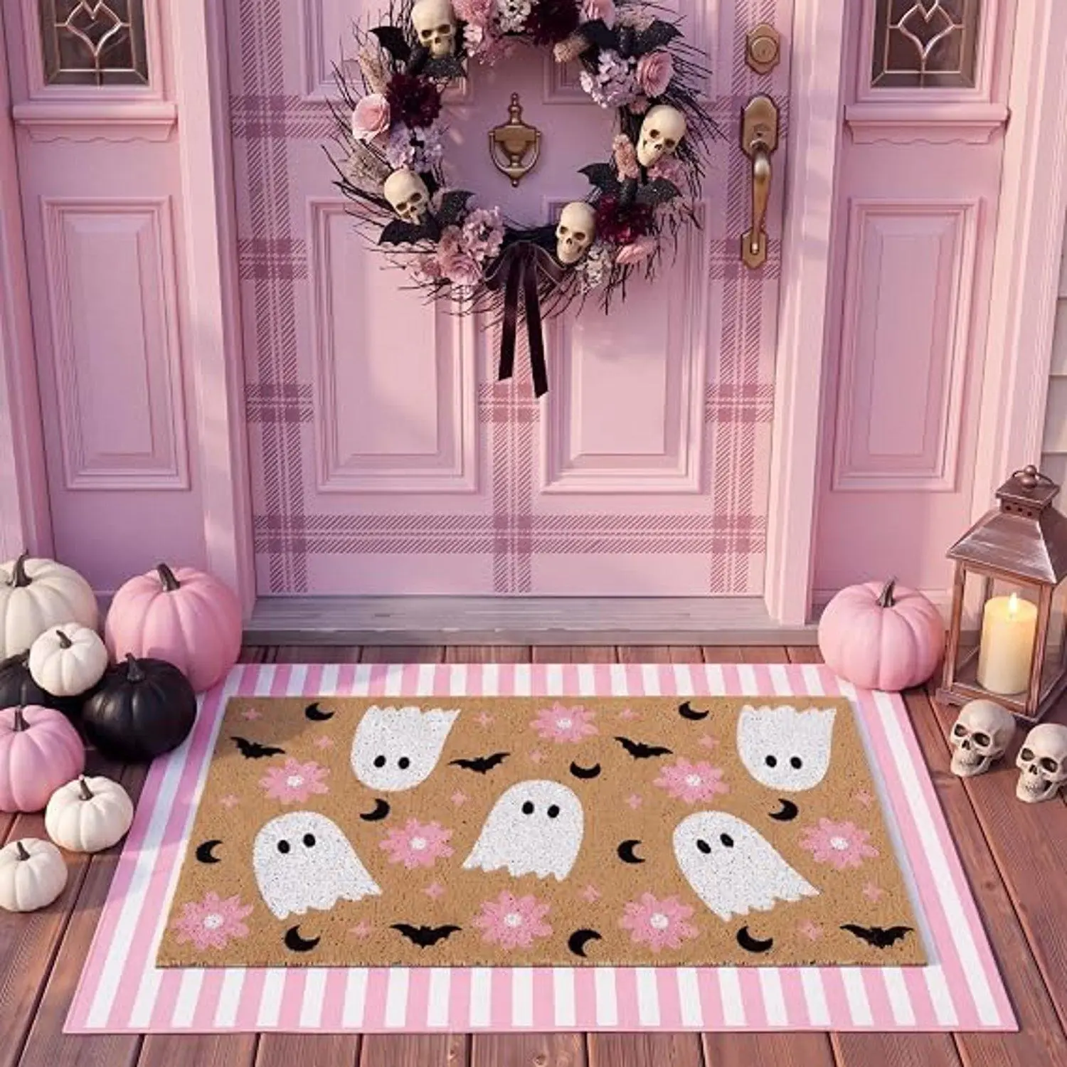 1pc Pastel Halloween Ghost Welcome Mat Pink Floral Halloween Door Rug