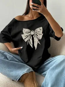 Women's Casual Loose-Fit One-Shoulder & Off-Shoulder T-Shirt, Butterfly Print, Breathable Soft Fabric, Daily Wear, Fashionable Top
