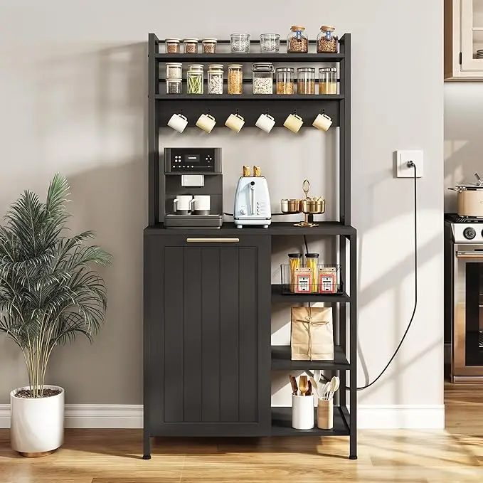 DWVO Bakers Rack with Trash Can Bin Cabinet and Power Outlet, Microwave Stand Cabinet with 6 Hooks, 6-Tiers Farmhouse Kitchen Tall Thickened Coffee Ba