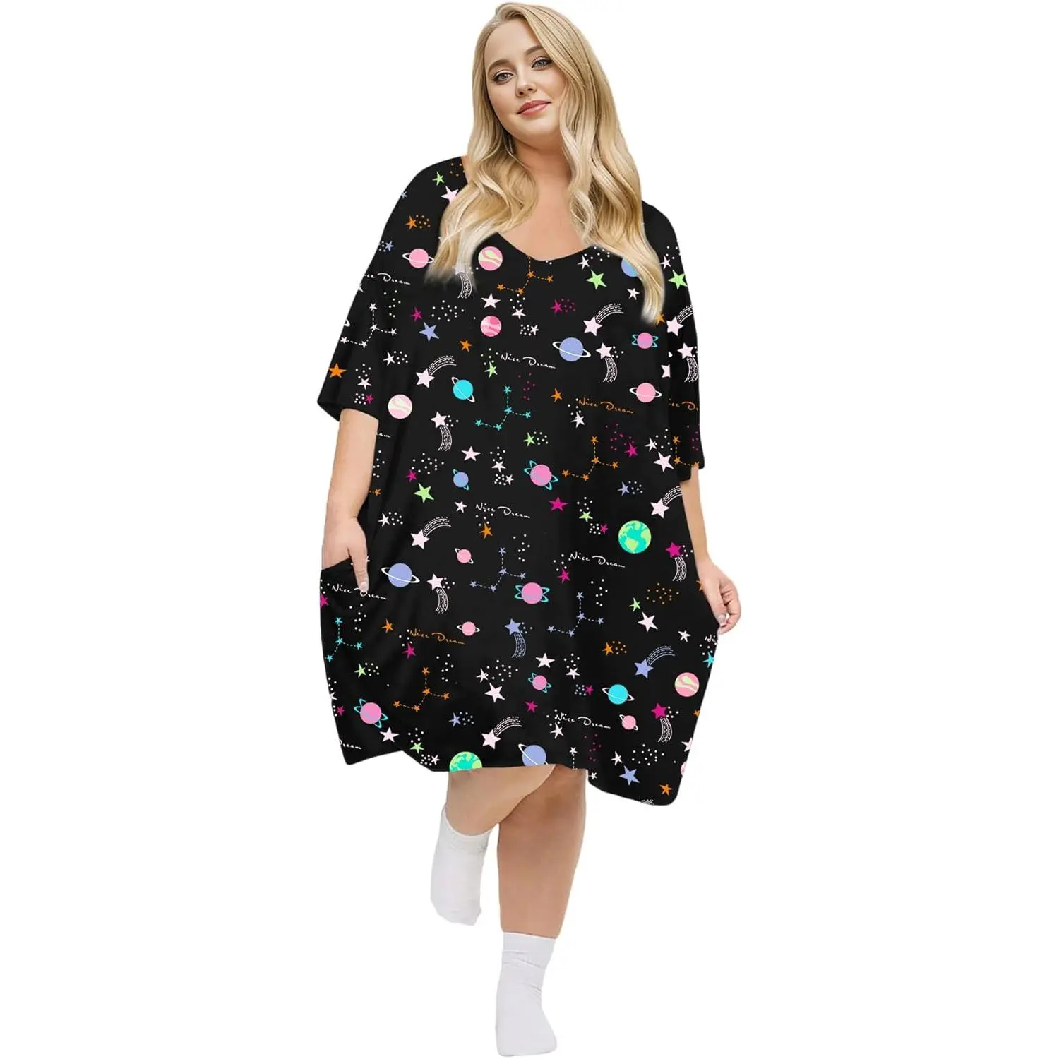 Plus Size Nightgowns for Women V- Sleep Tshirts Dress Pjs Lounge Short Sleeves Sleepwear With Pocket Fit S-5XL