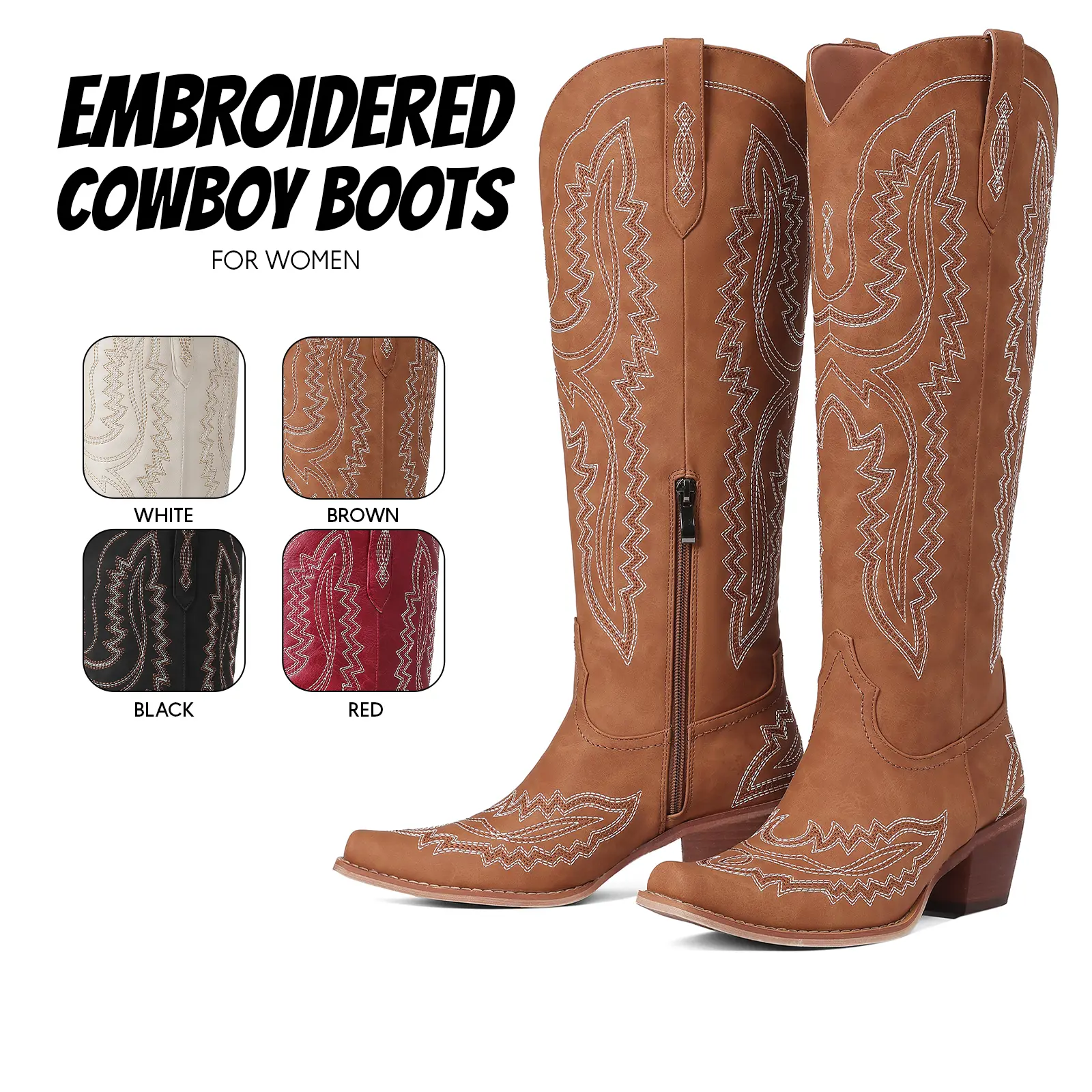 Cowboy Boots For Women Knee High Western Boot Pointed Toe Chunky Block Heel Side Zipper Embroidered Pull On Classic Retro Cowgirl Boots Country Wedding Festival Party Riding Vacation Work Tall Boots