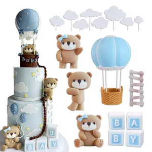 17-Piece Blue Hot Air Balloon Teddy Bear Cake Decoration Set, Includes Bears, Blocks, Clouds & Ladders, Perfect for Birthdays & Anniversaries, Wedding Cake Topper