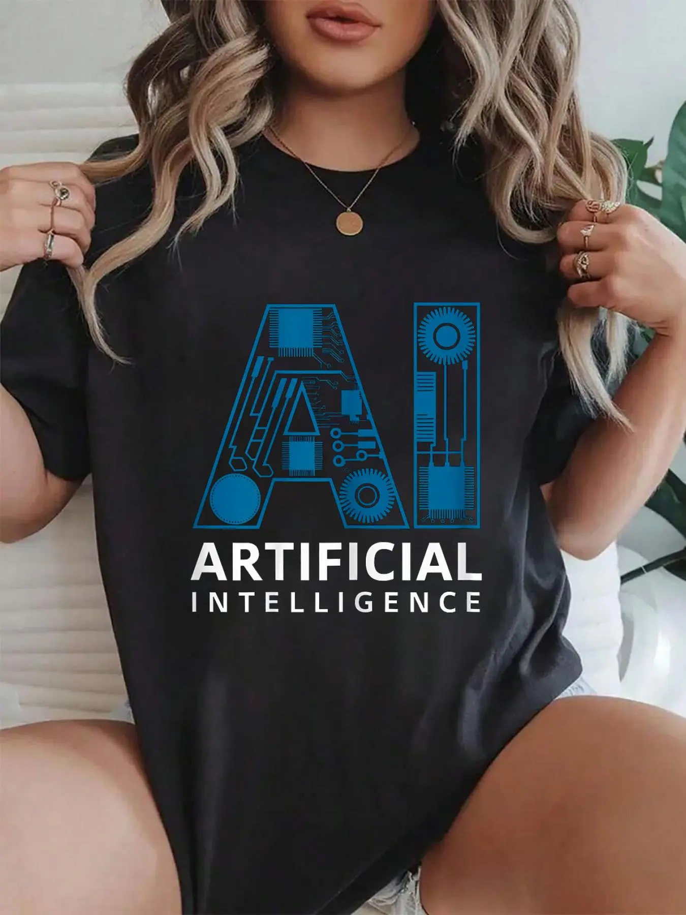 100% cotton Artificial Intelligence AI Computer Science Technology T-Shirt Crew Neck short Sleeve T-Shirt, Casual Print Graphic Cotton Tees Women Tops