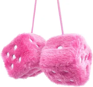 Couple 2.75” Fuzzy Dice with Leather Dots Retro Car Mirror Hanging Accessories for Car Decoration (Pink)