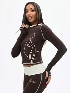 BABYPHAT Zip Up Hooded Top With Contrast White Trim And Hood Detail Long Sleeve Fitted Cropped Design Cat Silhouette Print