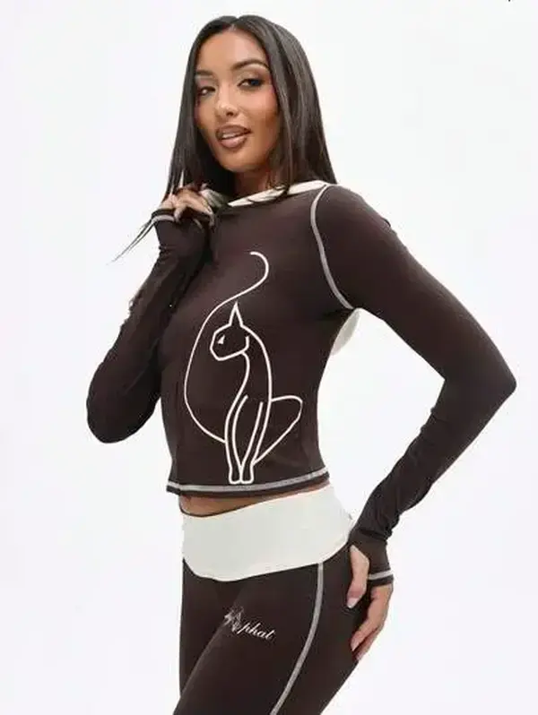 BABYPHAT Zip Up Hooded Top With Contrast White Trim And Hood Detail Long Sleeve Fitted Cropped Design Cat Silhouette Print