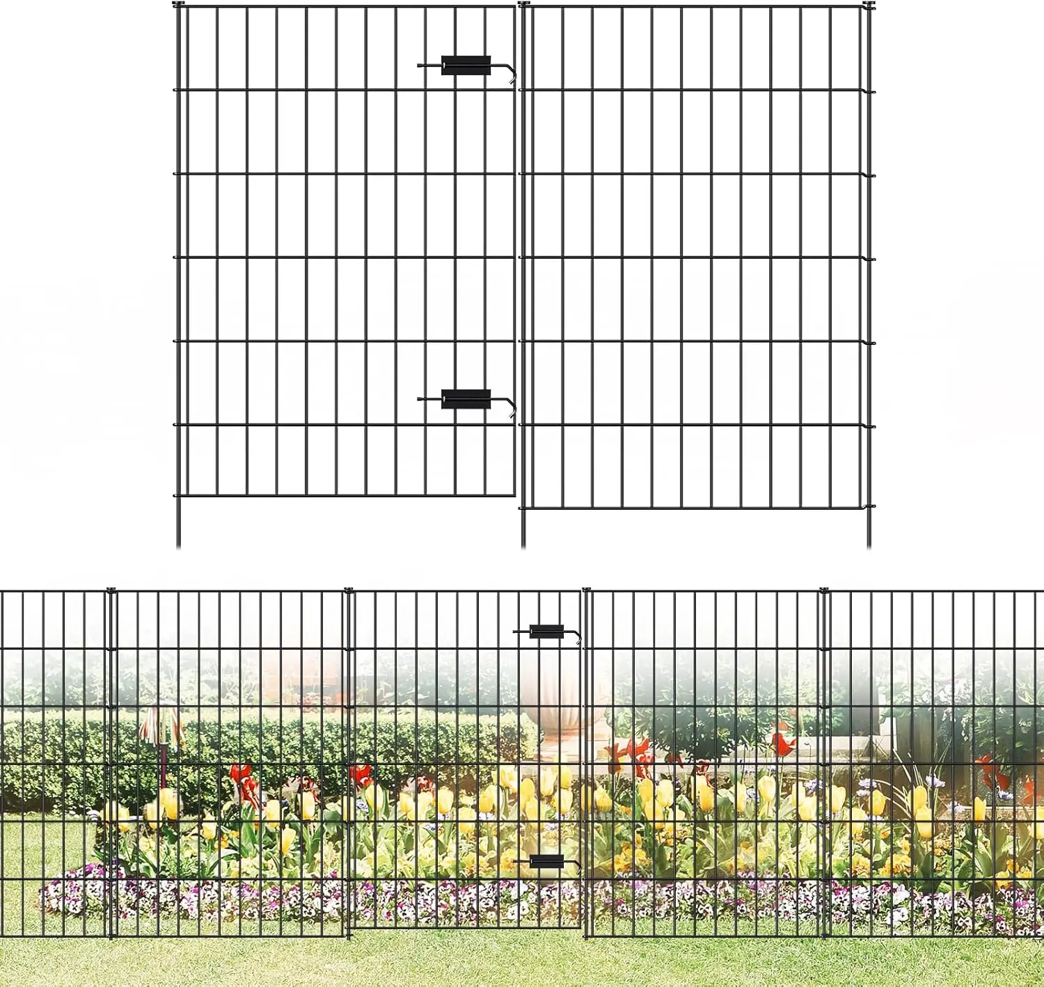 Metal Garden Fence with Gate 40in (H) x 23.3ft (L), 1 Gate + 9 Panels  Fence Border Fence  Barrier, No Dig Garden Fencing for Yard Flower Bed Lawn Patio Outdoor, PIN402810G Black