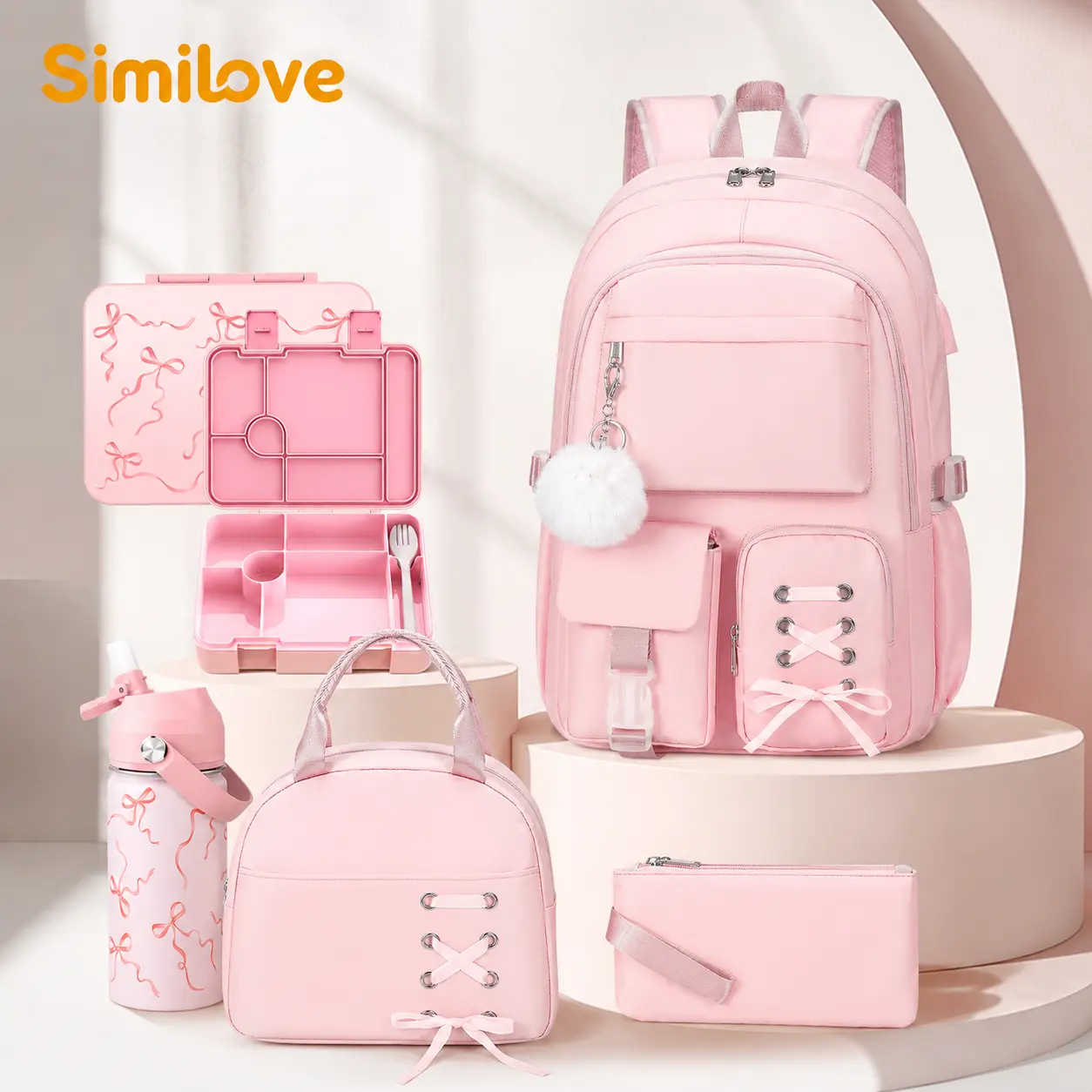 Similove 4/5pcs backpack set, Girls Backpack with Lunch Bag & Pencil Pouch/14oz Bottle/Lunch Box, for Teens Girl Kids Elementary Middle High School College Student Bookbag Daypack Laptop Travel Backpack for Women