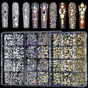 12 Grid Shiny Glass Drills, Assorted Drill & Round Flat Bottom Nail Art Decorations, Wedding Party Craft Supplies, Glitter Rhinestones, High-Quality Sparkling Crystals