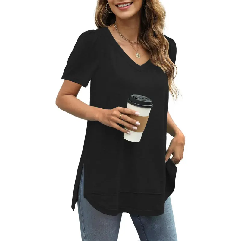 Women's Solid V-Neck Short-Sleeve Tshirt - Casual Loose-Fit Summer Tunic Top with Side Split