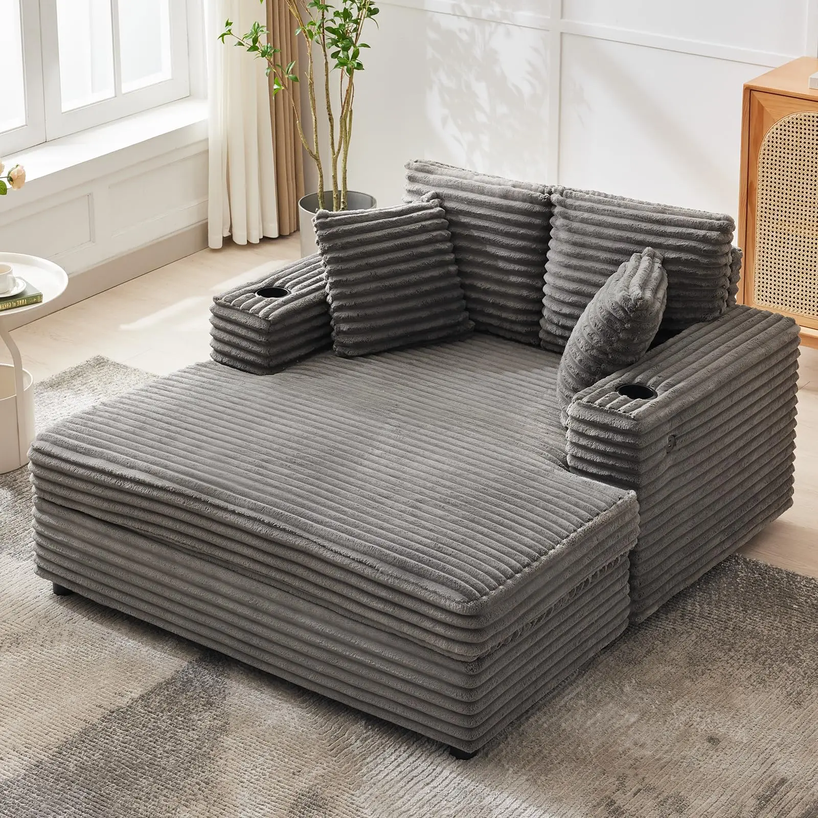 Garvee 60" Oversized Chaise Lounge Chair Indoor with Corduroy Upholstery, Sleeper Sofa Bed Featuring Cup Holder & Charging Port, Cloud Couch Design with Throw Pillows & Wide Arms for Living Room or Bedroom in Gray