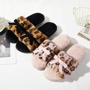 Roxoni Women's Fuzzy Leopard Print Slippers with Bow Cozy Plush Indoor House Slides Soft Memory Foam Non-Slip Sole Round Toe