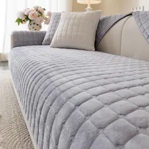 1pc Short Plush Sofa Cushion Comfortable Soft, Modern Style Plaid Design for All Seasons, Pet Friendly and Quilted Sofa Cover