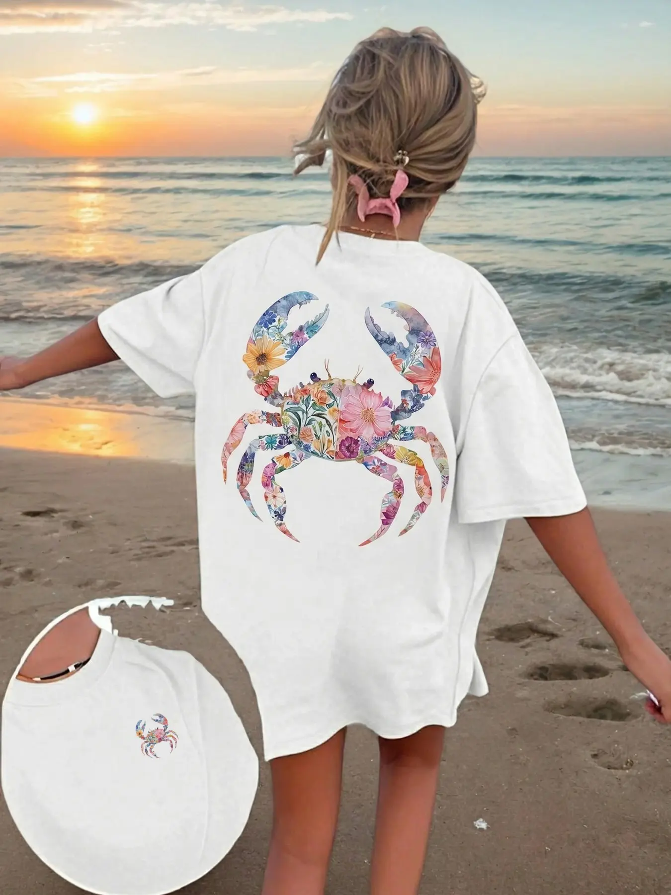 Trending Y2K Cute Crab Graphic Oversized Baggy Comfort T-Shirt for Women, Vintage Aesthetic Summer Tops, Comfy Breathable Short Sleeve Tee, Casual Streetwear for Beach Vacation Daily Outfit, Floral Print Holiday Swim Cover Up, Style, Vibe