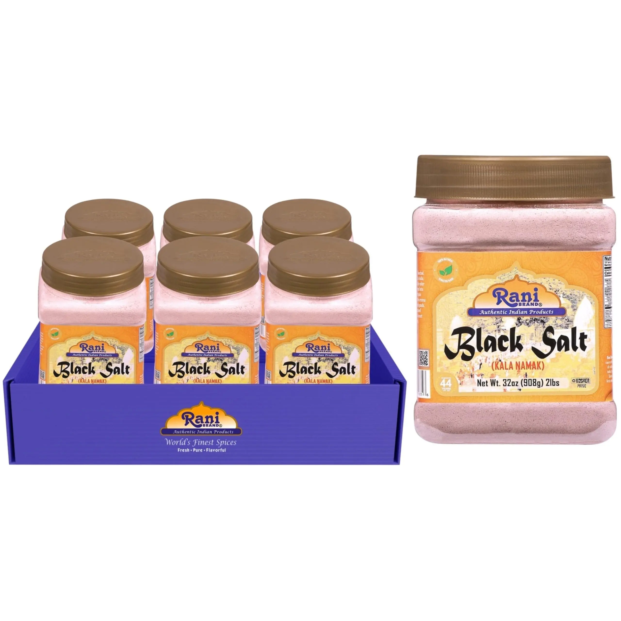 Rani Black Salt Powder (Kala Namak) Mineral 32oz (2lbs) 908g PET Jar, Pack of 6 ~ Unrefined, Pure & Natural | Vegan | Gluten Friendly | Non-GMO | Kosher | Indian Origin | Perfect for Tofu Scramble