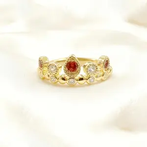 Luxurious Crown Ring with Synthetic Red Zirconia | 18K Golden Plated, Ideal for Daily and Banquet Occasions, Perfect New Year'S Day Gift