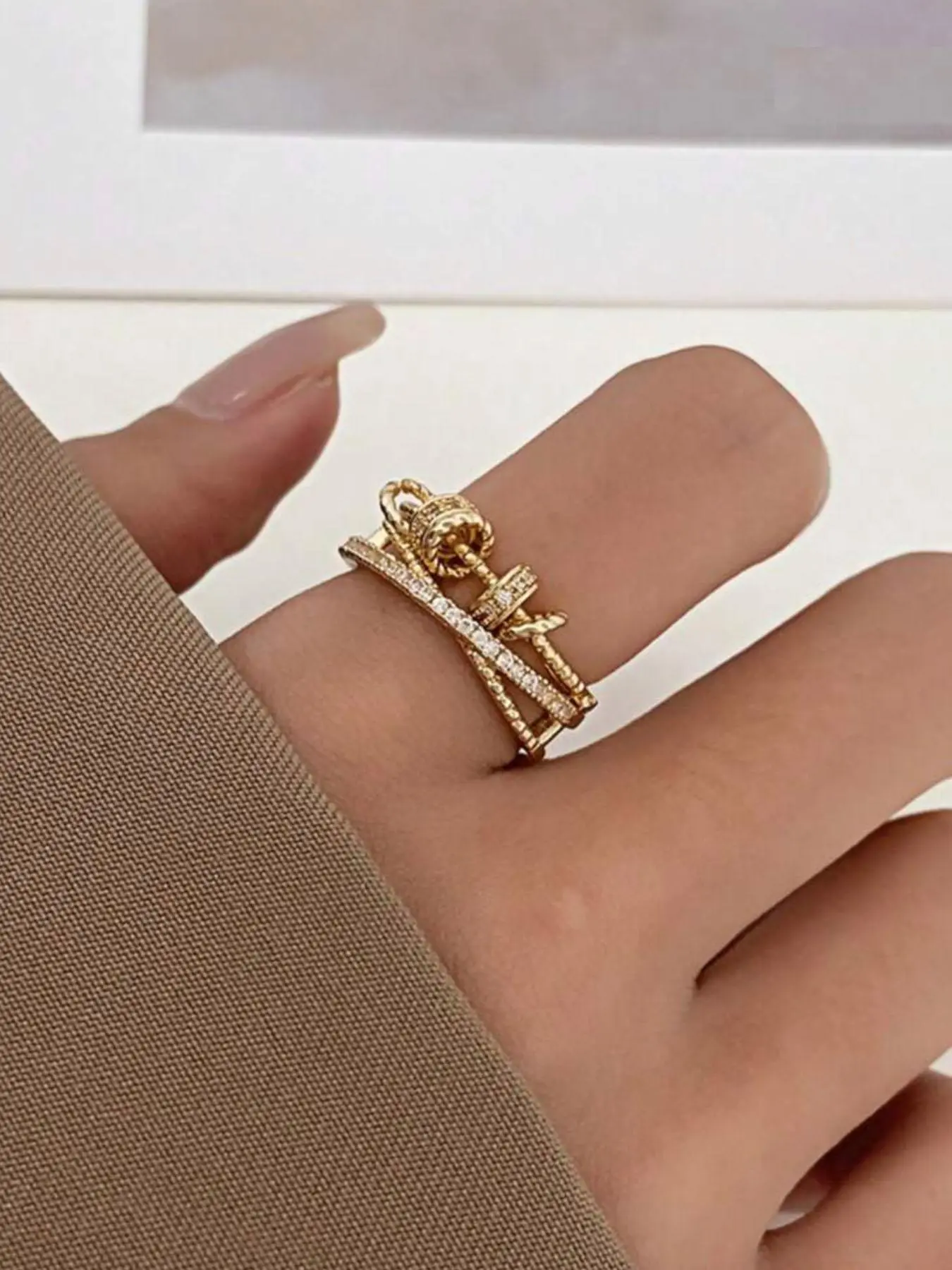 Multi-layer Rotating Cross Design Ring, Double Layered Ring, Rhinestone Inlay Adjustable Anxiety Relief Fidget Ring, Fashion Jewelry Accessories for Women, Dainty Stacking Rings, Anti Anxiety Jewelry, Stress Relief Jewelry