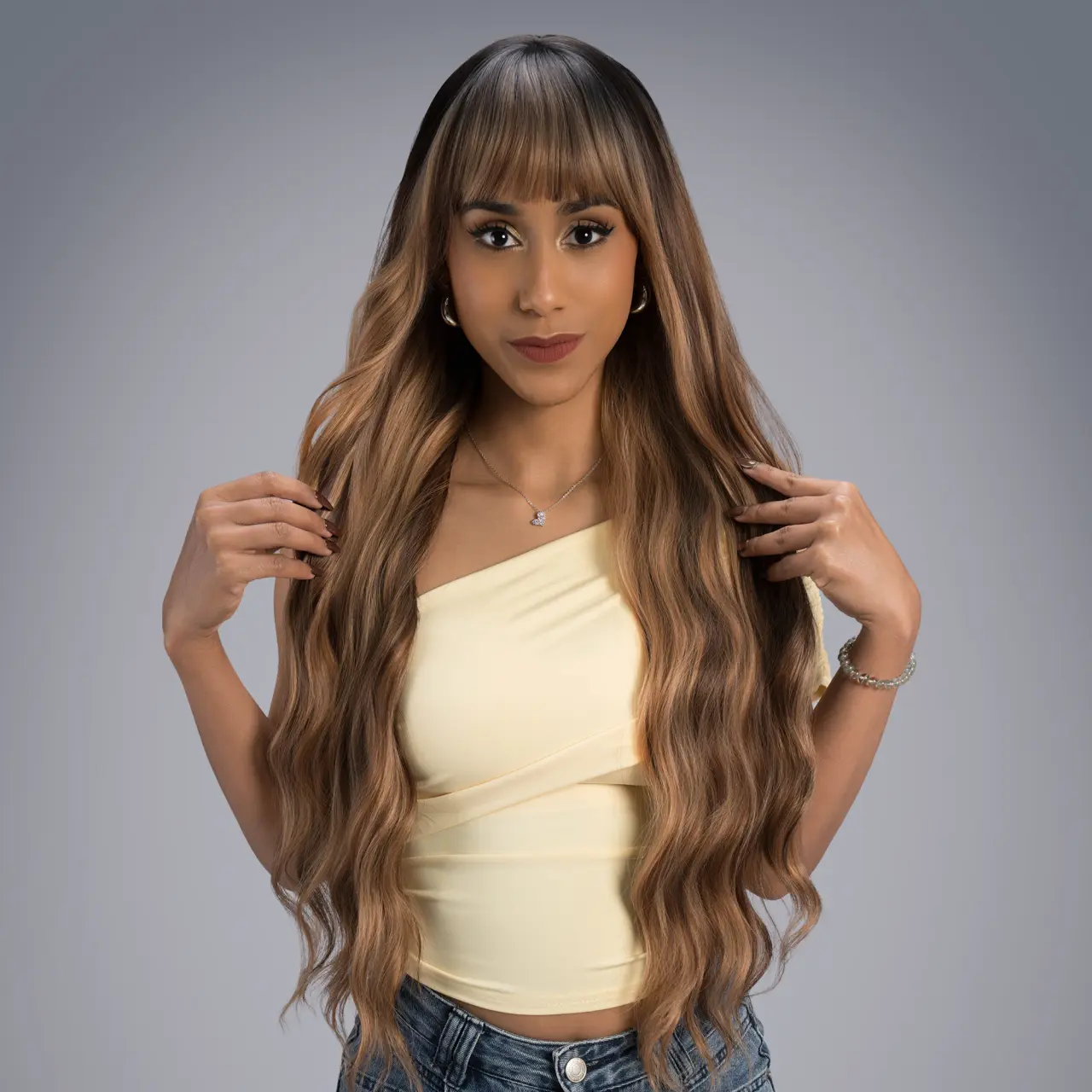 30-Inch Honey Wheat Brown with Dark Roots Body Wave Synthetic Wig | 【Heat Resistant】【Cap Included】 | 42FSGB
