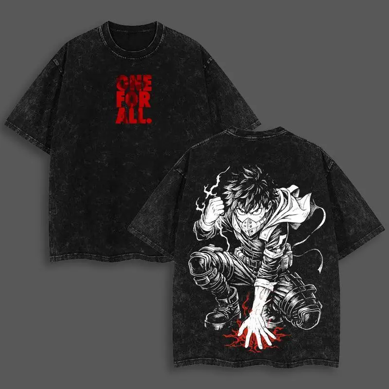Izuku Midoriya - Deku My Hero Academia T-Shirt, Anime Streetwear Graphic Tee, One For All Washed Cotton Shirt, Hero Costume Battle Pose, Manga Gift for Fans Fabric Menswear