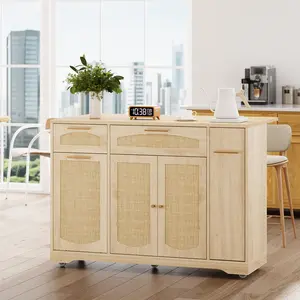 47" Rolling Kitchen Island Cart on Wheels - Modern Home Furniture, Drop Leaf, Storage Cabinets, Drawers, Farmhouse Wooden Table, Narrow Portable Design for Small Spaces