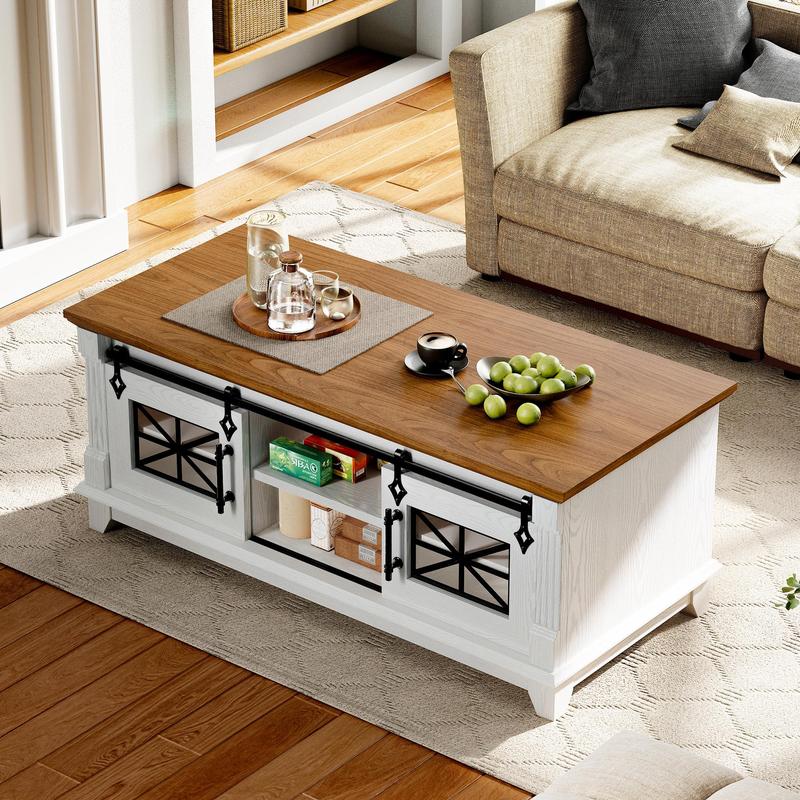IRONCK 48'' Coffee Table with Sliding Barn Doors, Rustic Center Table with 6 Large Storage Space, Glass Doors and Adjustable Middle Shelf, Farmhouse Coffee Tables for Living Room