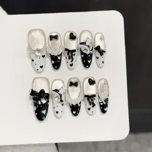 10pcs Pure Hand Pressed Long Oval Nail Art,Nice Fake Nail,Black And White Cat's Eye With Cat Bow Love Polka Dots,Ideal For Women