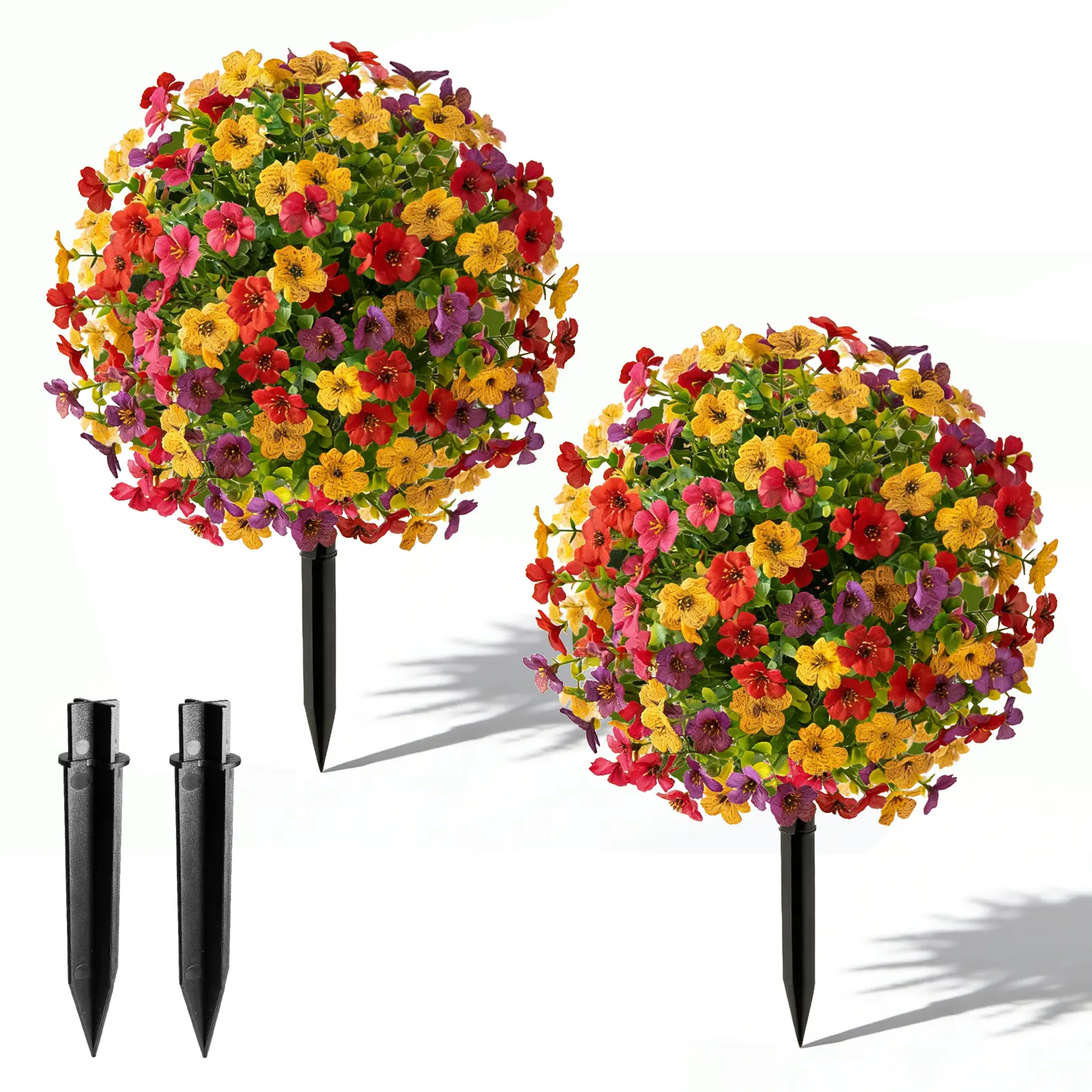 23" Set of 2 Spring Summer Fall Artificial Boxwood Topiary Ball Tree with Spikes,UV Resistant Fake Outdoor shrubs with Violet Flowers, Realistic Faux Plants Bushes for Garden Front Porch Yard Patio